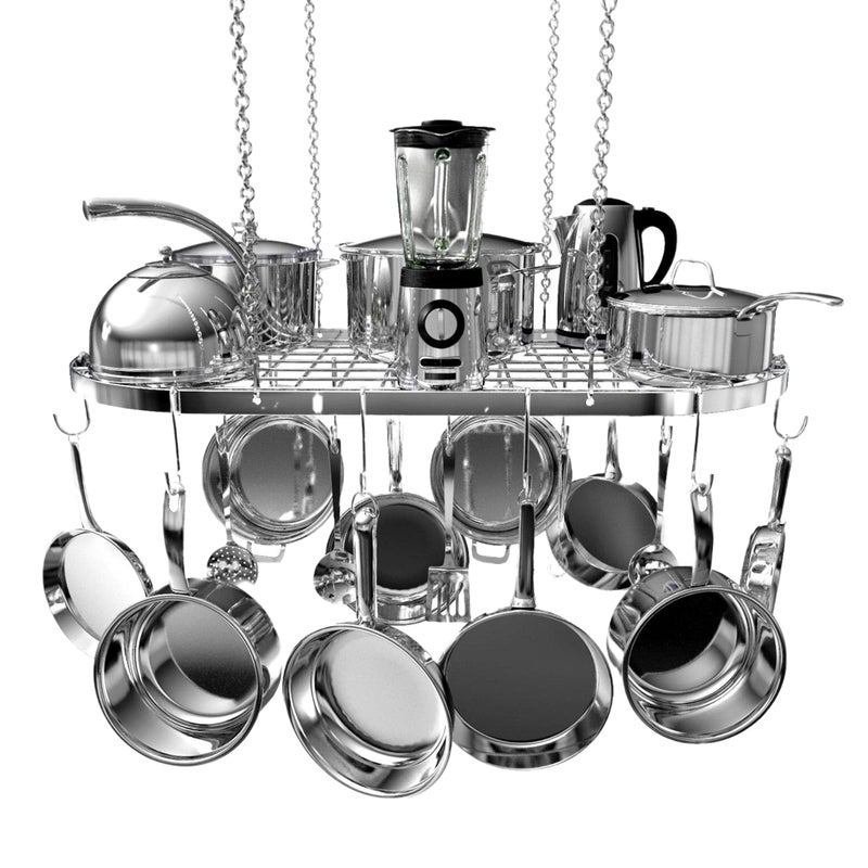 Vdomus Hanging Pot Rack - Ceiling Mount Kitchen Organizer for Pots and Pans with 15 Hooks - 33 x 17 Inches Heavy-Duty, Durable and Space-Saving Pan Holder - Silver - Image 1